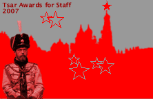 A Tsar, some stars, and a skyline, all in red and silver.
