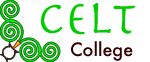 Pict College logo, with a blue-painted mask with red nose and green eyes.
