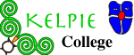 Kelpie College logo, some green spirals with a blue-painted mask with red nose and green eyes.
